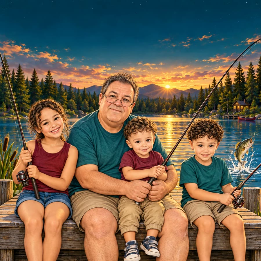 Personalized coloring book example — grandfather fishing with grandchildren